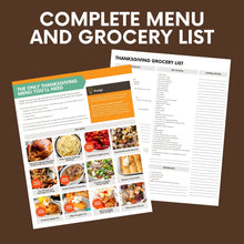 Load image into Gallery viewer, Sample pages showing the menu and grocery list. Text reads &quot;Complete menu and grocery list&quot;
