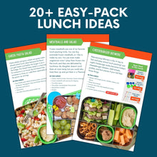 Load image into Gallery viewer, Sample pages of lunch ideas from a school lunch ebook. Text reads &quot;20+ Easy-Pack Lunch Ideas&quot;
