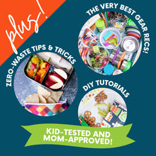 Load image into Gallery viewer, Three round images show the extras that come with the school lunch ebook. Text reads &quot;Plus! Zero-Waste Tips &amp; Tricks. The Very Best Gear Recs! DIY Tutorials. Kid-Tested and Mom-Approved!&quot;
