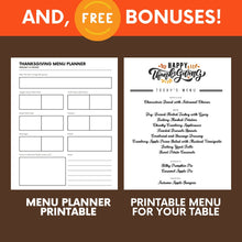 Load image into Gallery viewer, Two sample pages showing the free bonuses. Text reads &quot;And, Free Bonuses! Menu planner printable. Printable menu for your table.&quot;
