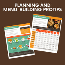 Load image into Gallery viewer, Sample Pages showing the food formula and how much food to make. Text reads &quot;Planning and Menu-Building Protips&quot;
