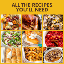 Load image into Gallery viewer, Collage of Thanksgiving recipes: cheese board, turkey, Brussels sprouts, salad, pumpkin pie, cranberry sauce, rolls, stuffing, and sweet potatoes. Text reads &quot;All the recipes you&#39;ll need&quot;
